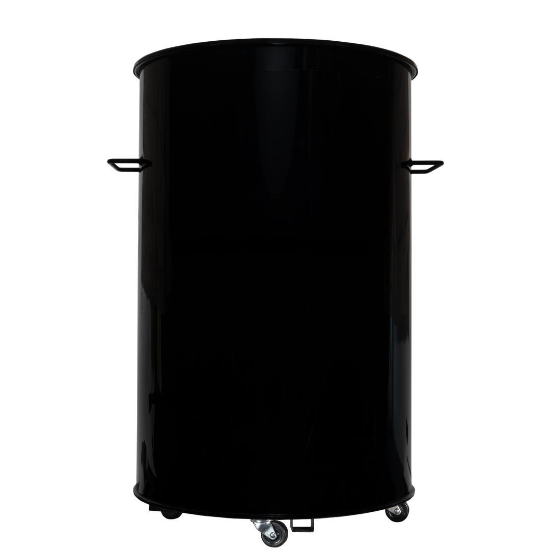 The back of a gloss black 55 gallon Gateway Drum Smoker