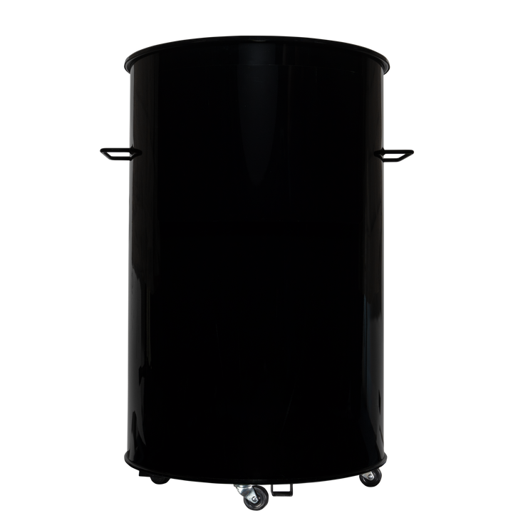 The back of a gloss black 55 gallon Gateway Drum Smoker