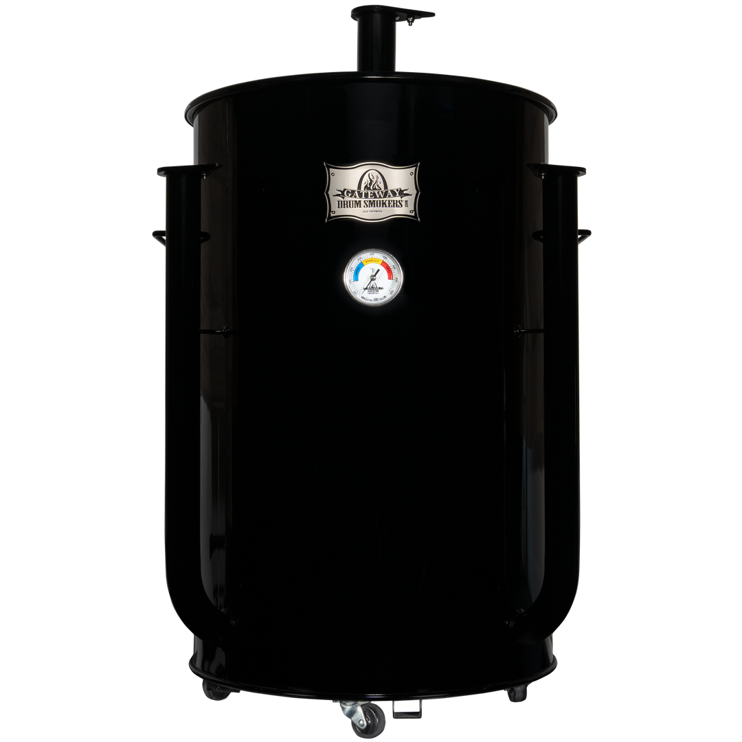 The front of a gloss black 55 gallon Gateway Drum Smoker 