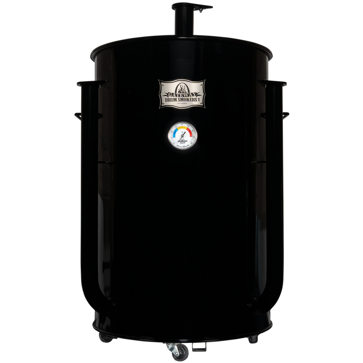 The front of a gloss black 55 gallon Gateway Drum Smoker
