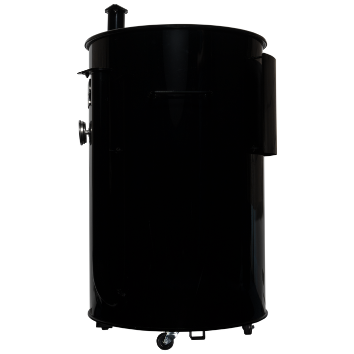 The left side of a gloss black 55 gallon Gateway Drum Smoker
