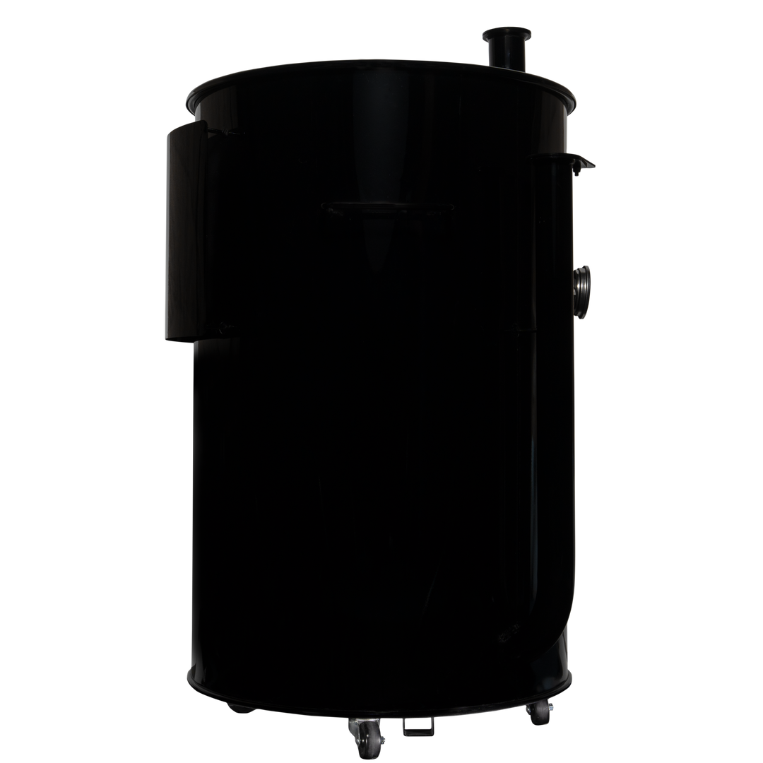 The right side of a gloss black 55 gallon Gateway Drum Smoker