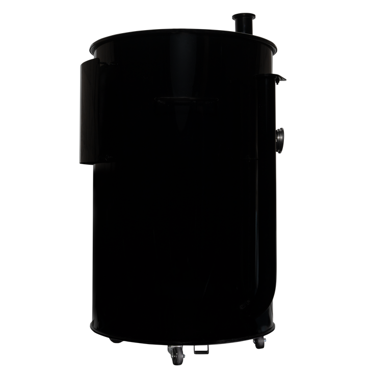The right side of a gloss black 55 gallon Gateway Drum Smoker