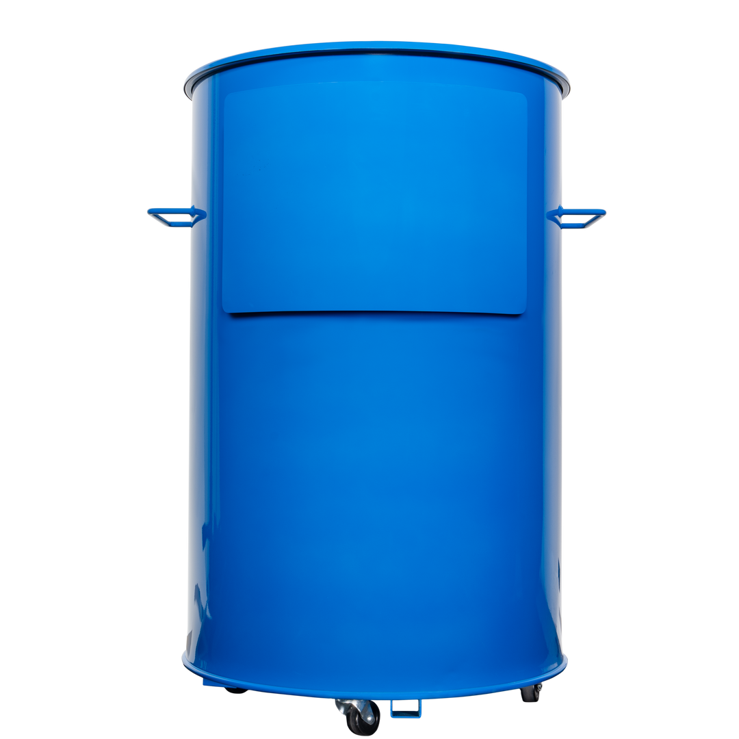 The back of a gloss blue 55 gallon Gateway Drum Smoker