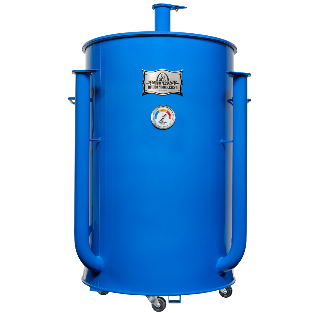 The front of a gloss blue 55 gallon Gateway Drum Smoker