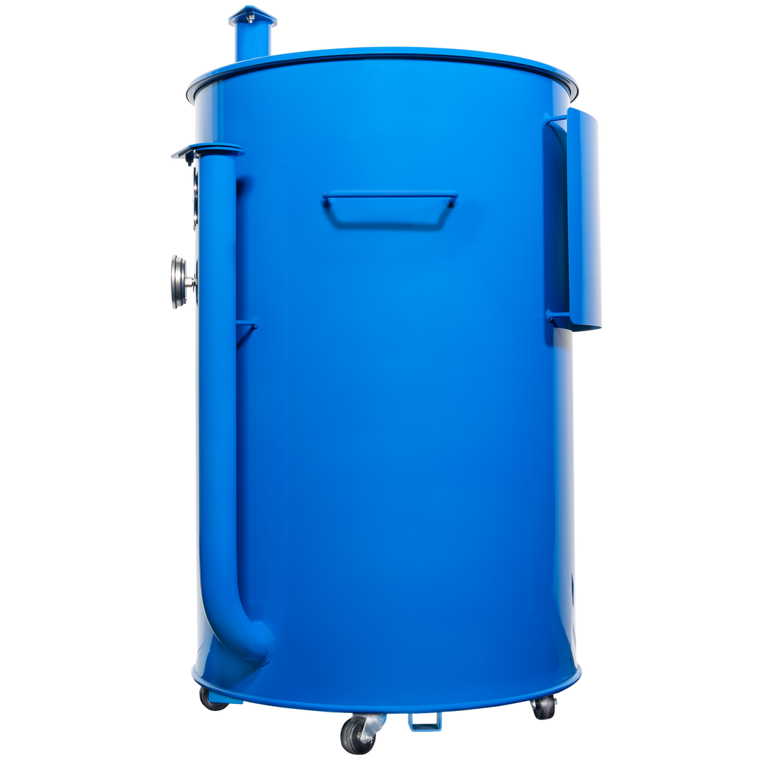 The left side of a gloss blue 55 gallon Gateway Drum Smoker