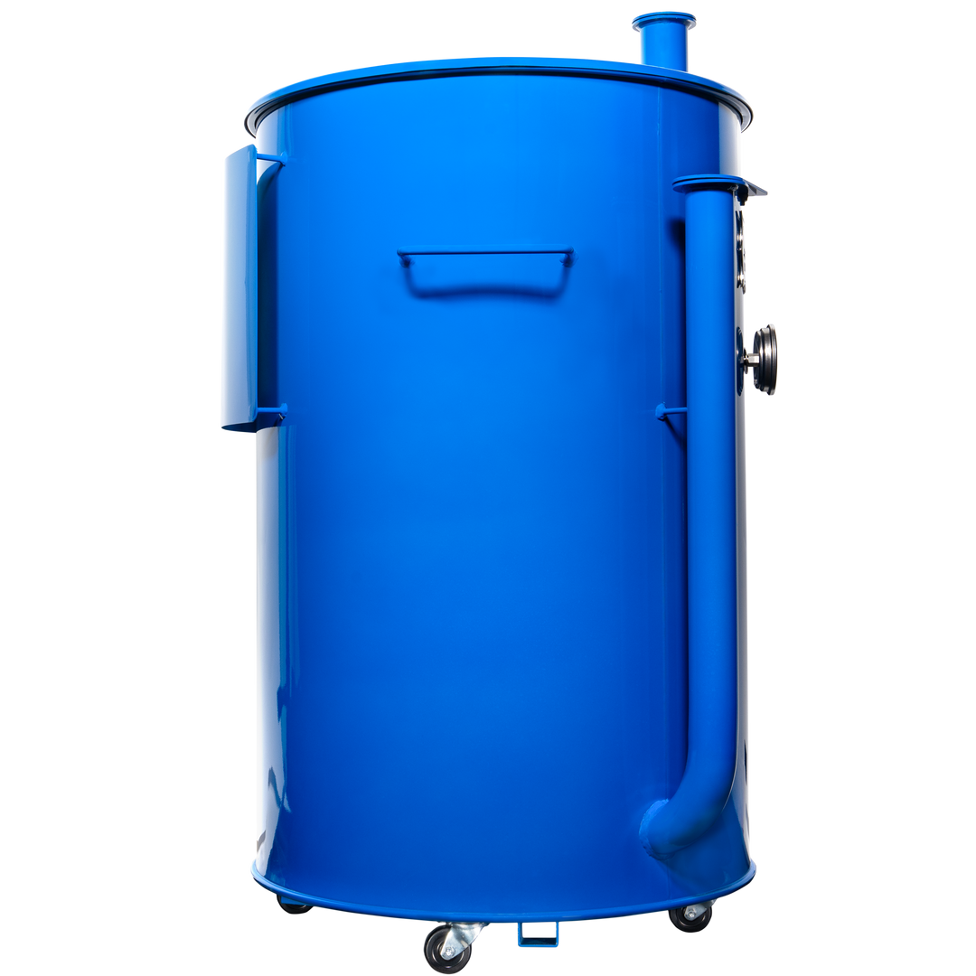 The right side of a gloss blue 55 gallon Gateway Drum Smoker