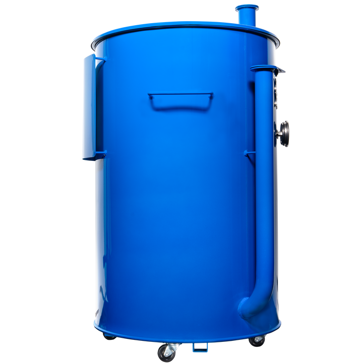 The right side of a gloss blue 55 gallon Gateway Drum Smoker