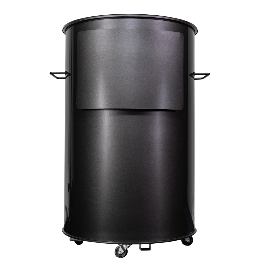The back of a gloss charcoal 55 gallon Gateway Drum Smoker