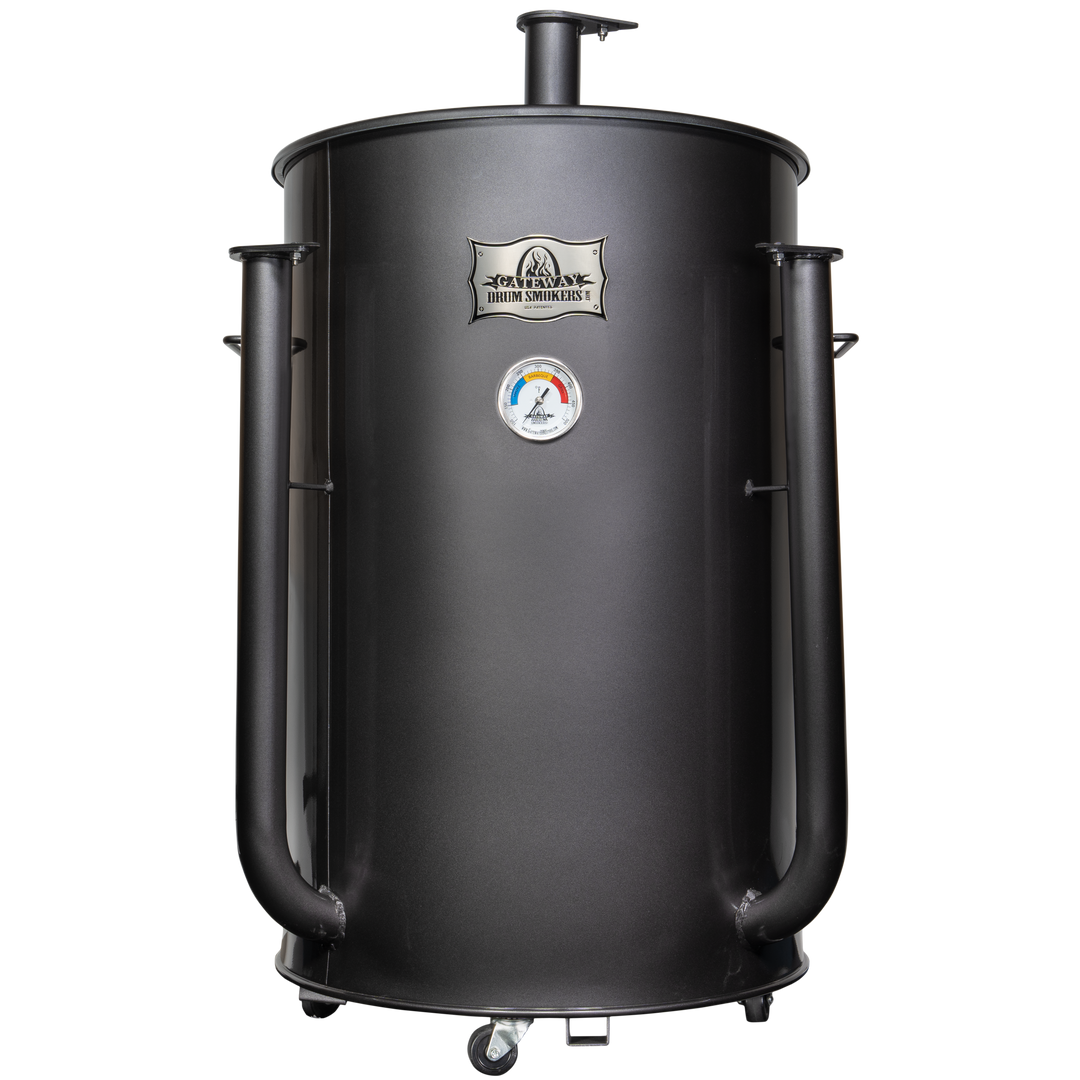 The front of a gloss charcoal 55 gallon Gateway Drum Smoker