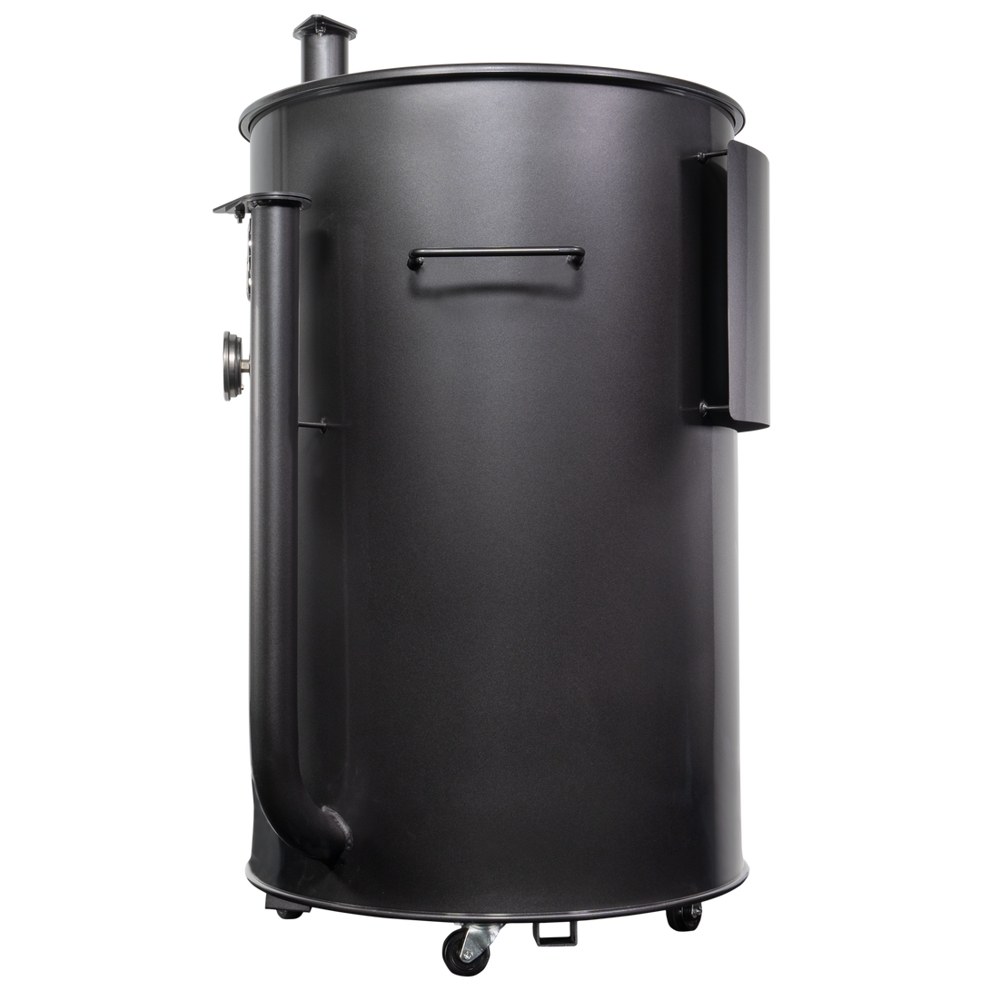The left side of a gloss charcoal 55 gallon Gateway Drum Smoker