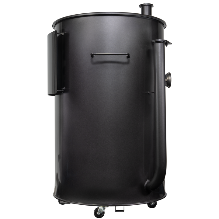 The right side of a gloss charcoal 55 gallon Gateway Drum Smoker