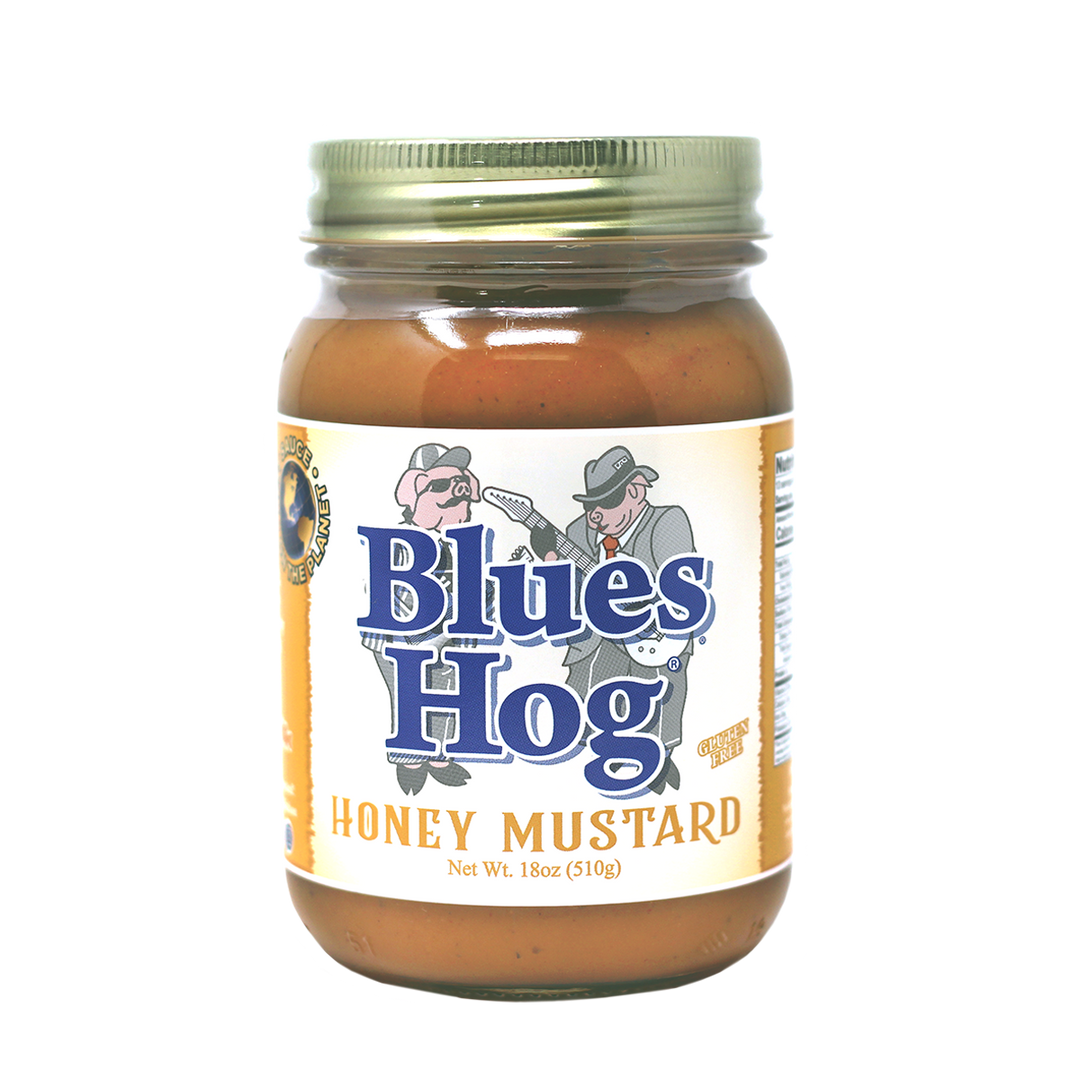 The front of a pint jar of Blues Hog Honey Mustard