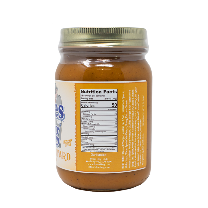 The left side of a pint jar of Blues Hog Honey Mustard