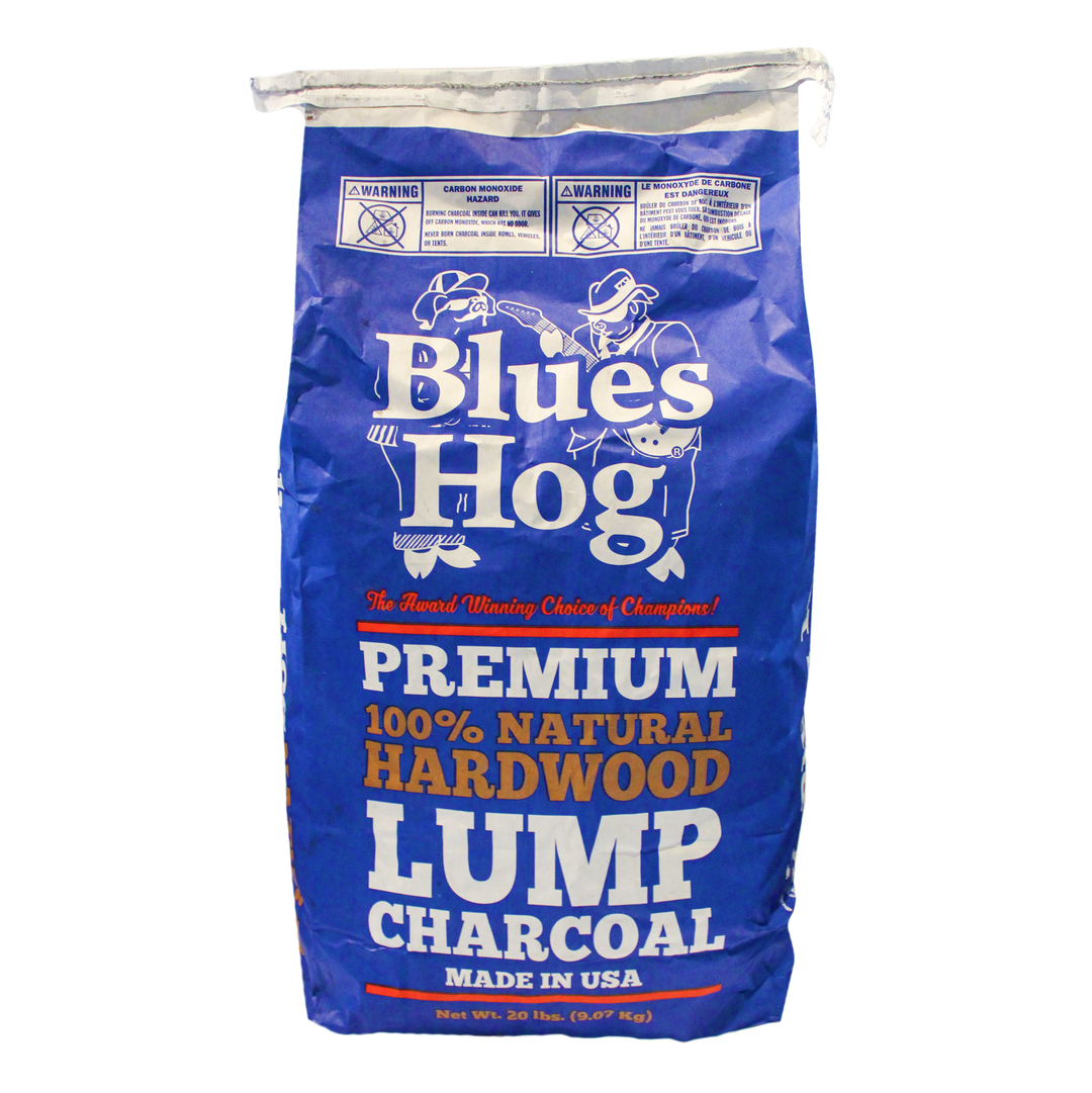 The front of a 20 pound bag of Blues Hog 100% natural lump charcoal