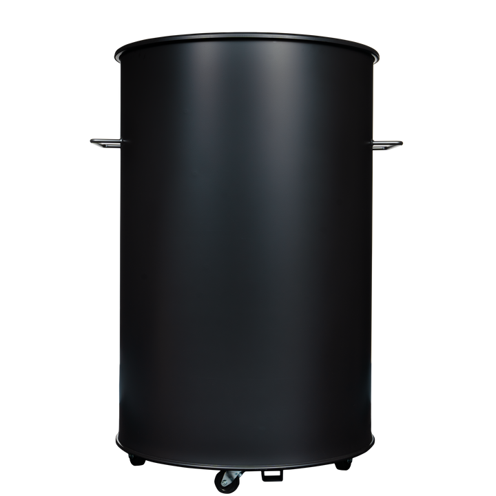 The back of a matte black 55 gallon Gateway Drum Smoker 
