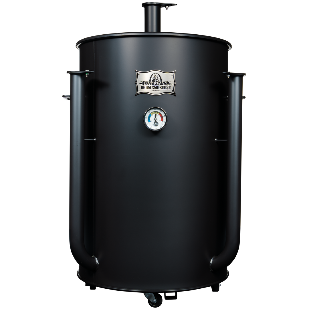 The front of a matte black 55 gallon Gateway Drum Smoker 