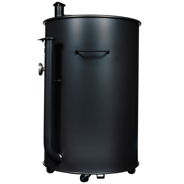 The left side of a matte black 55 gallon Gateway Drum Smoker 