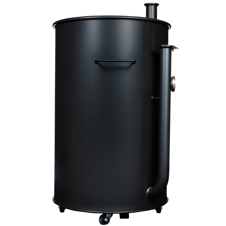 The right side of a matte black 55 gallon Gateway Drum Smoker 