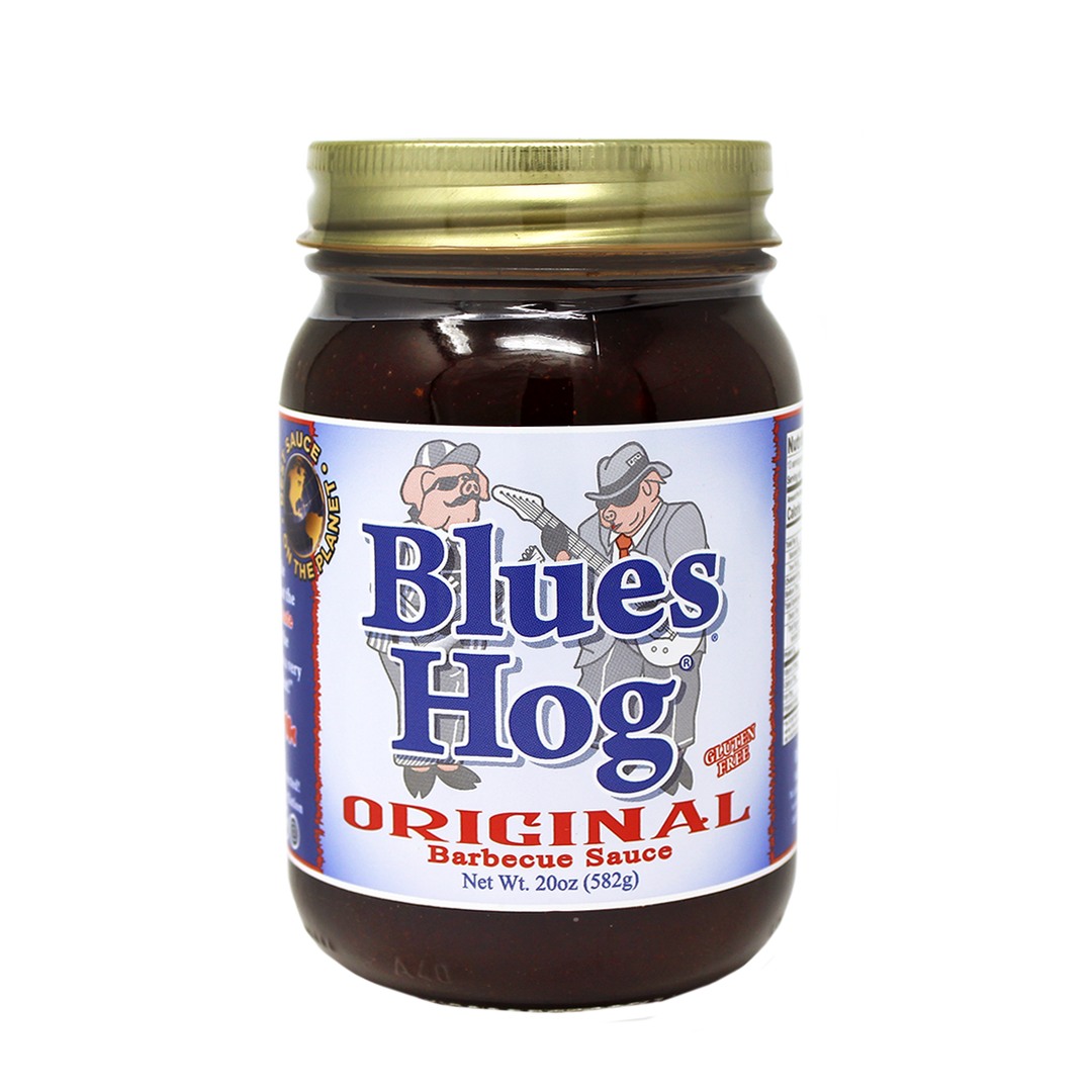 The front of a pint jar of Blues Hog Original Barbecue sauce