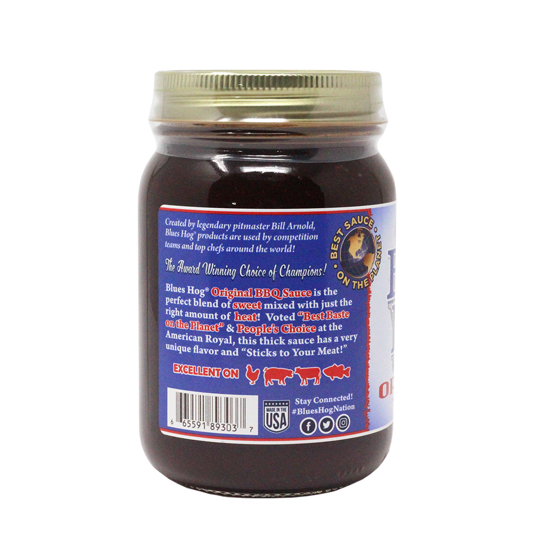 The right side of a pint jar of Blues Hog Original Barbecue sauce