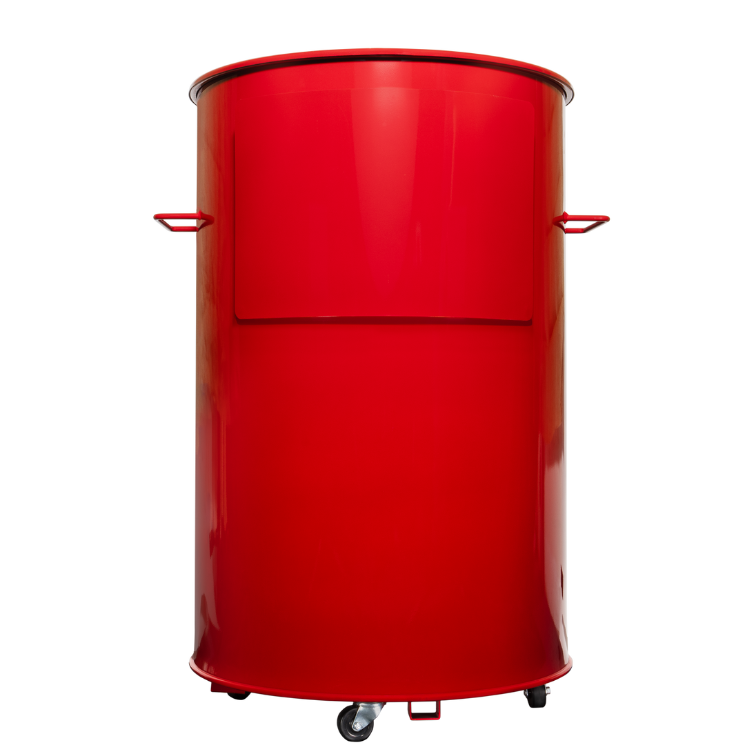 The back of a gloss red 55 gallon Gateway Drum Smoker