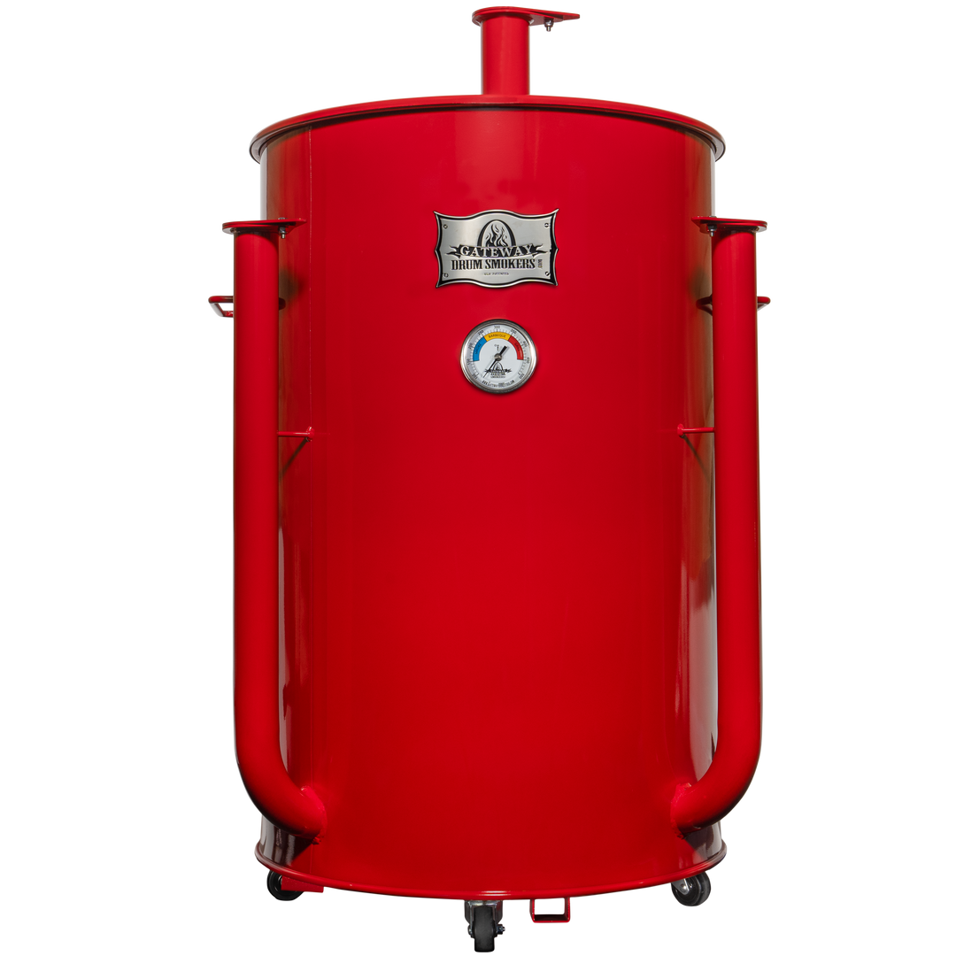 The front of a gloss red 55 gallon Gateway Drum Smoker