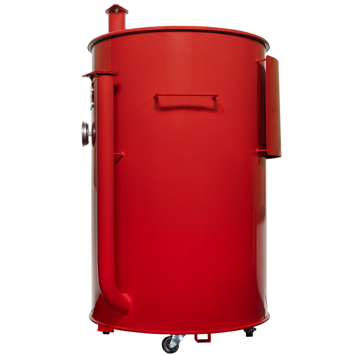 The left side of a gloss red 55 gallon Gateway Drum Smoker