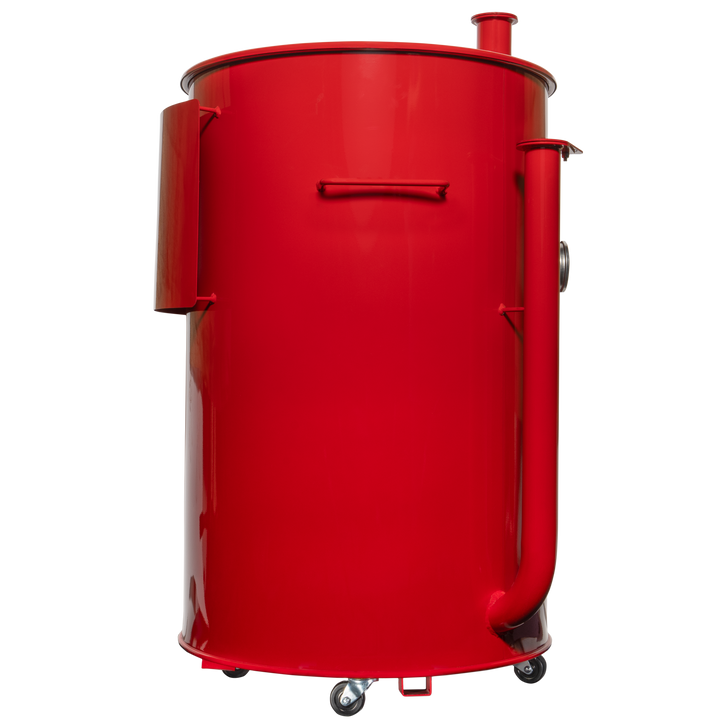 The right side of a gloss red 55 gallon Gateway Drum Smoker