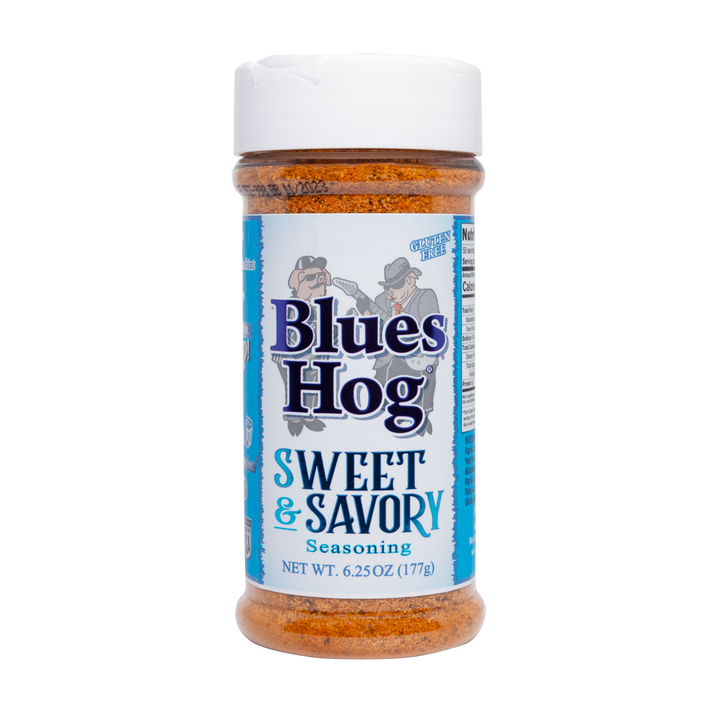 The front of a bottle of Blues Hog Sweet & Savory Seasoning