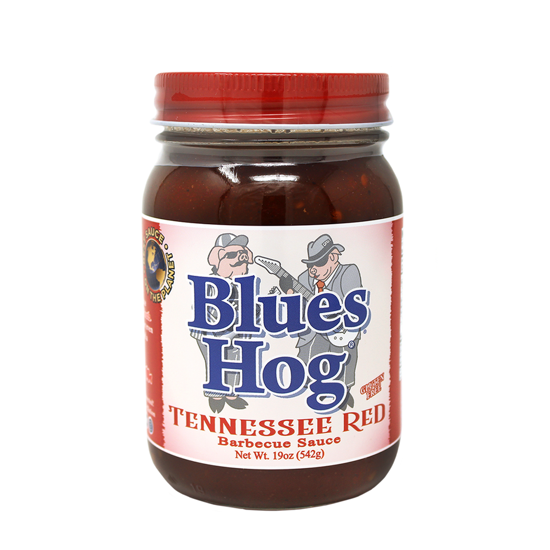 The front of a pint jar of Blues Hog Tennessee Red Barbecue Sauce