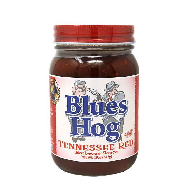 The front of a pint jar of Blues Hog Tennessee Red Barbecue Sauce