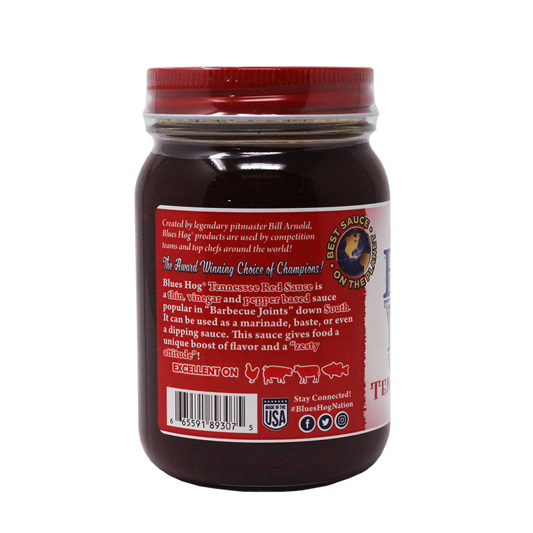 The right side of a pint jar of Blues Hog Tennessee Red Barbecue Sauce