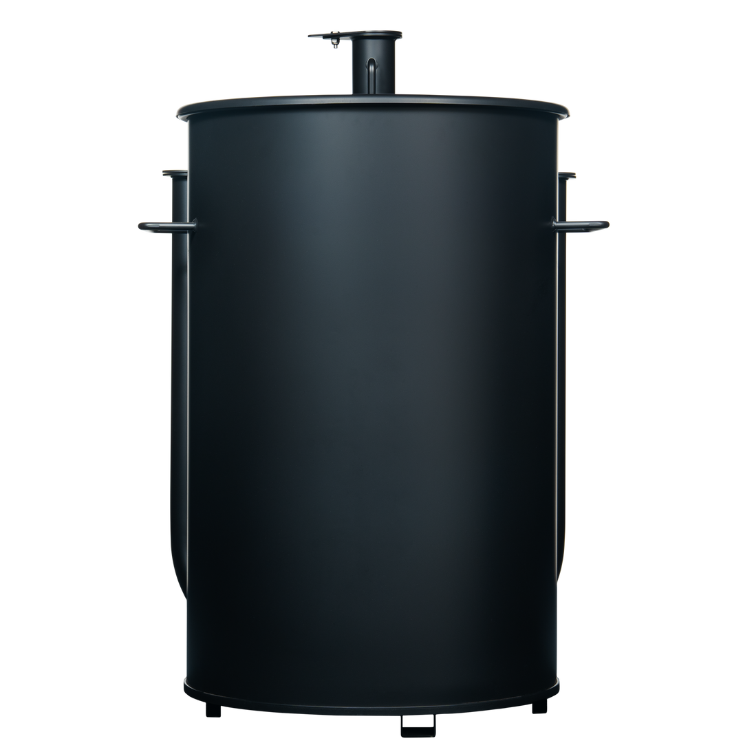 Back of a 30 gallon matte black Gateway drum smoker