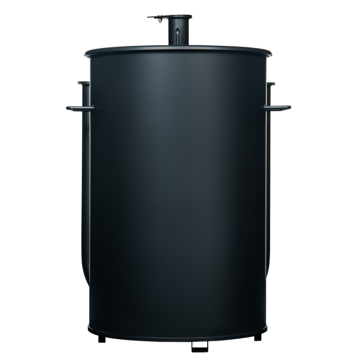 Back of a 30 gallon matte black Gateway drum smoker
