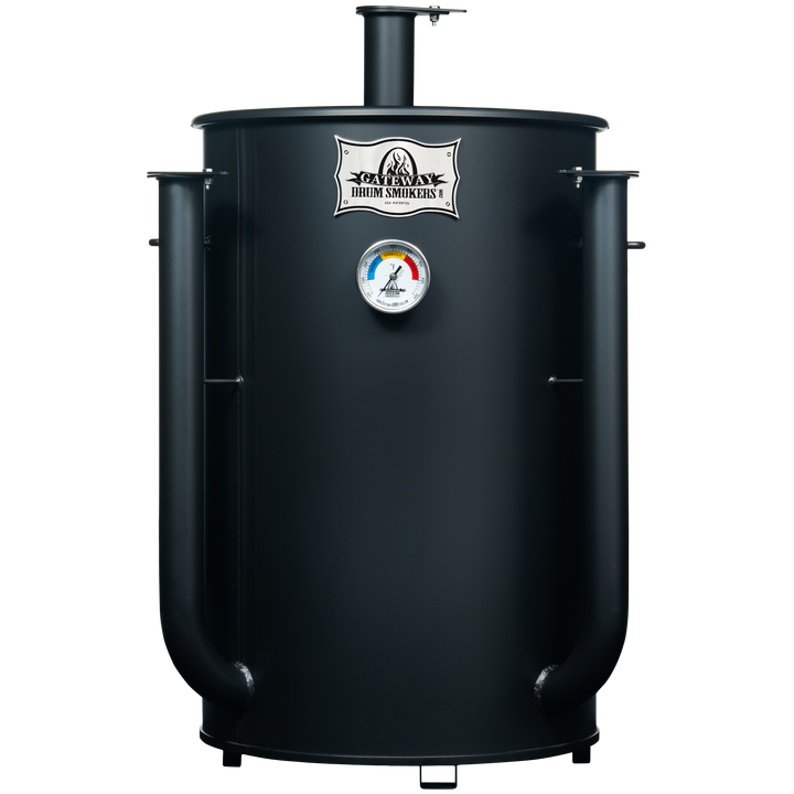 Front of a 30 gallon matte black Gateway drum smoker