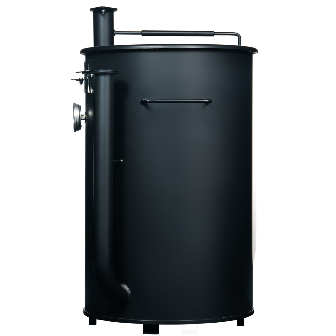 Left side of a 30 gallon matte black Gateway drum smoker