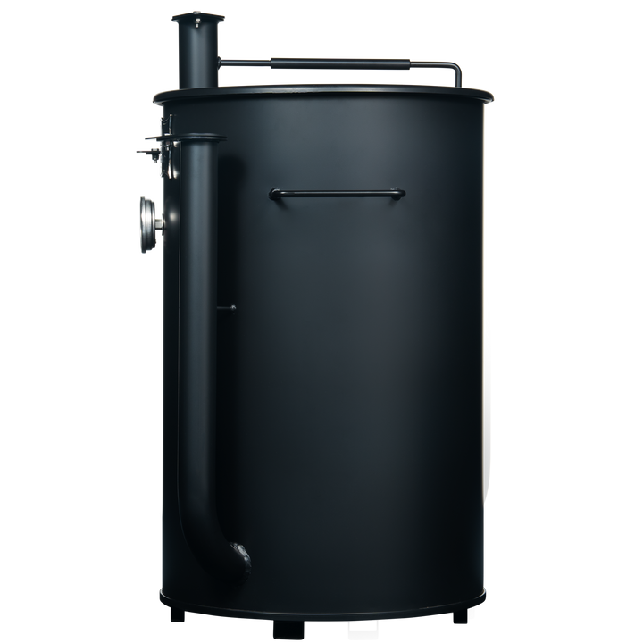 Left side of a 30 gallon matte black Gateway drum smoker