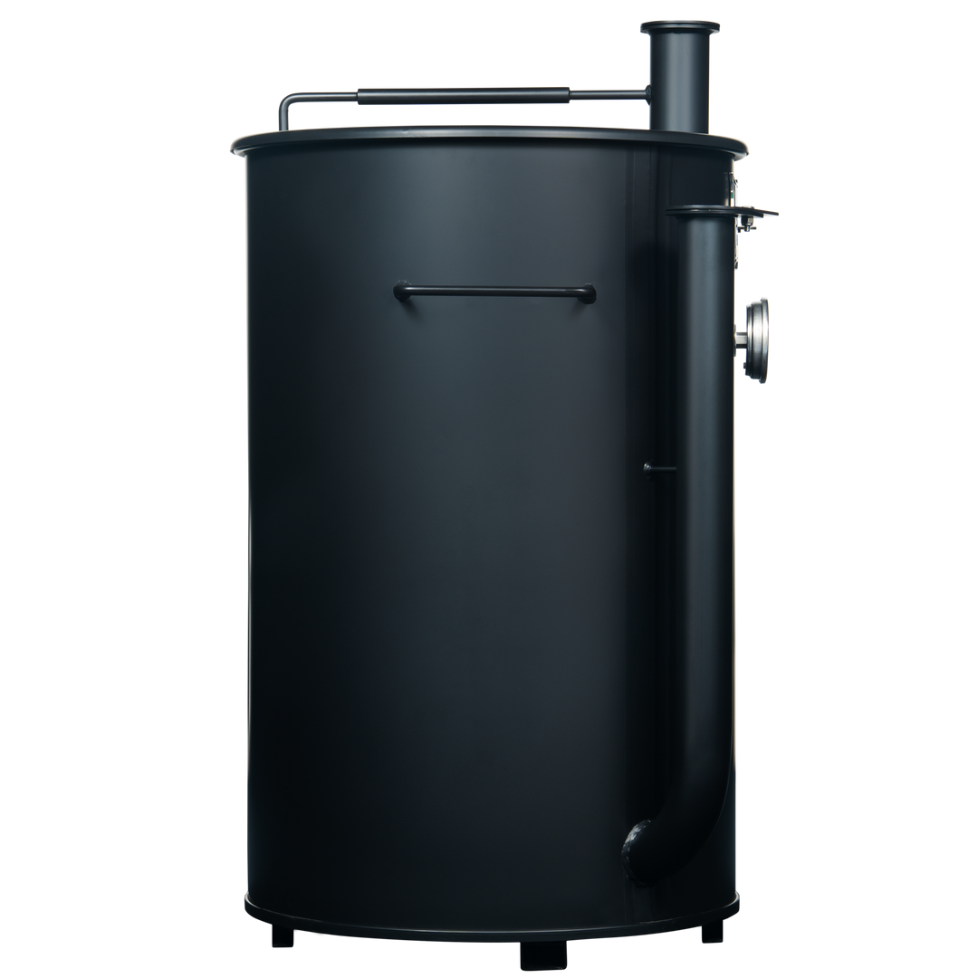 Right side of a 30 gallon matte black Gateway drum smoker