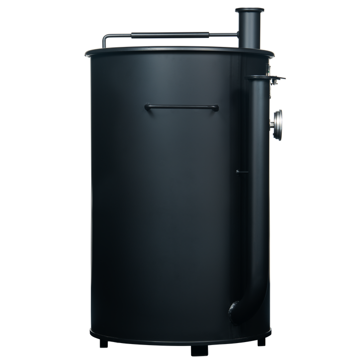 Right side of a 30 gallon matte black Gateway drum smoker