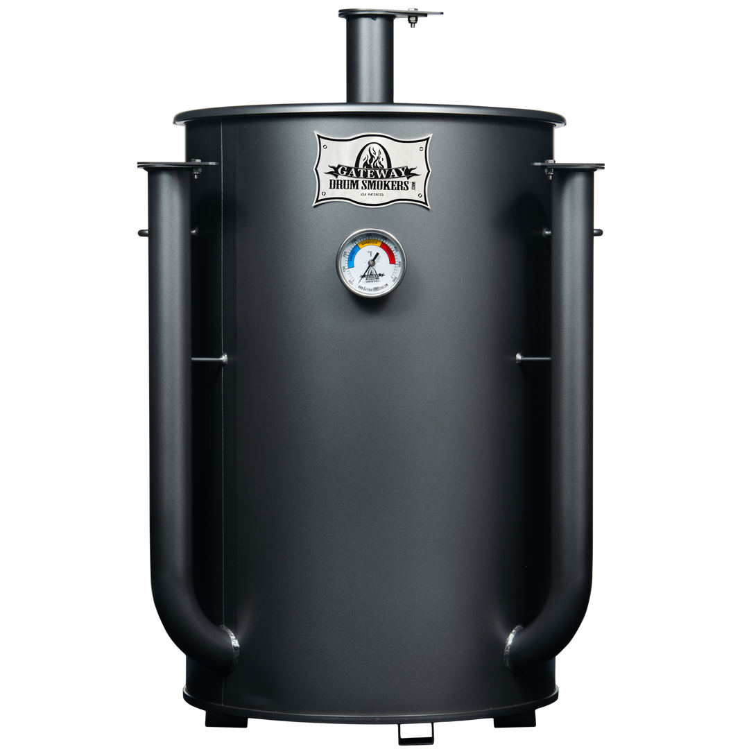 Front of a 30 gallon matte charcoal Gateway drum smoker