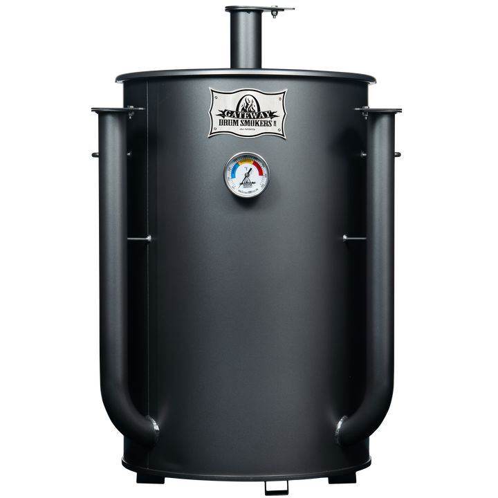 Front of a 30 gallon matte charcoal Gateway drum smoker