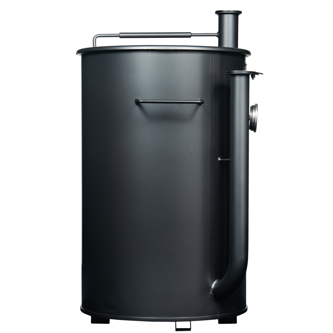 Right side of a 30 gallon matte charcoal Gateway drum smoker