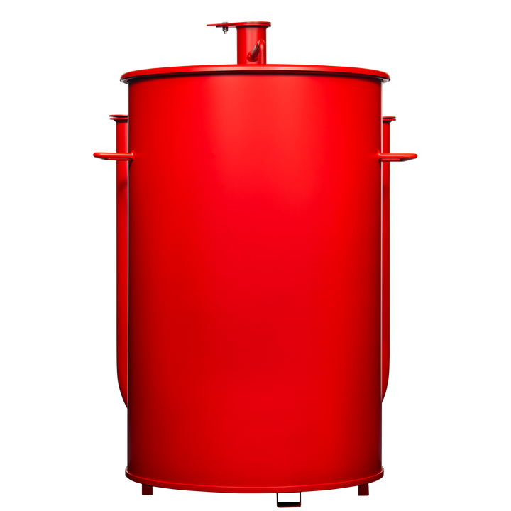 Back of a 30 gallon matte red Gateway drum smoker