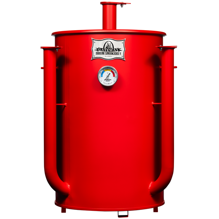Front of a 30 gallon matte red Gateway drum smoker