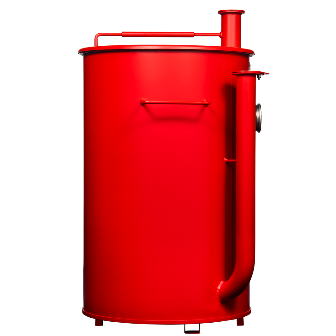 Right side of a 30 gallon matte red Gateway drum smoker