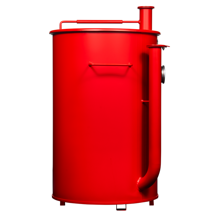 Right side of a 30 gallon matte red Gateway drum smoker