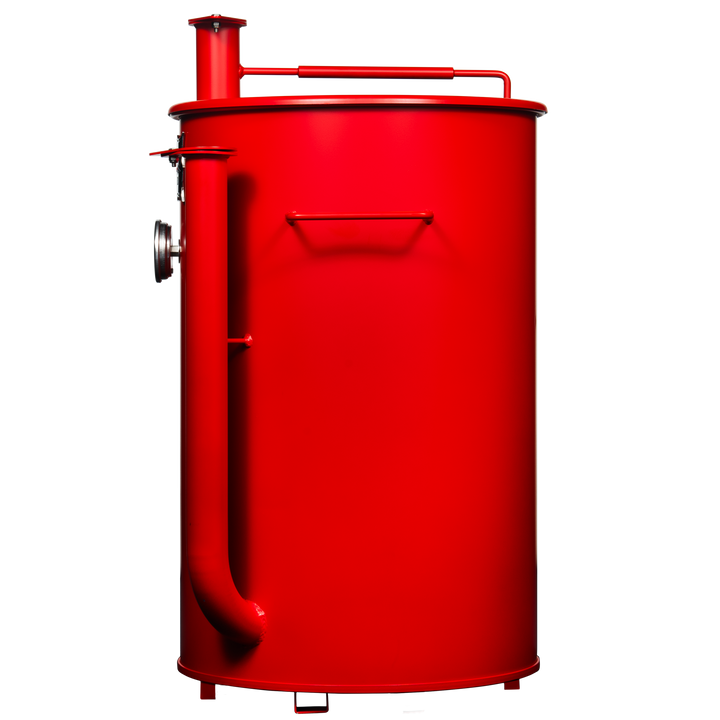 Left side of a 30 gallon matte red Gateway drum smoker