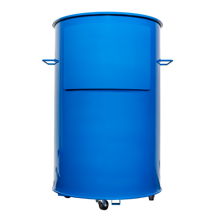 The back of a gloss blue 55 gallon Gateway Drum Smoker