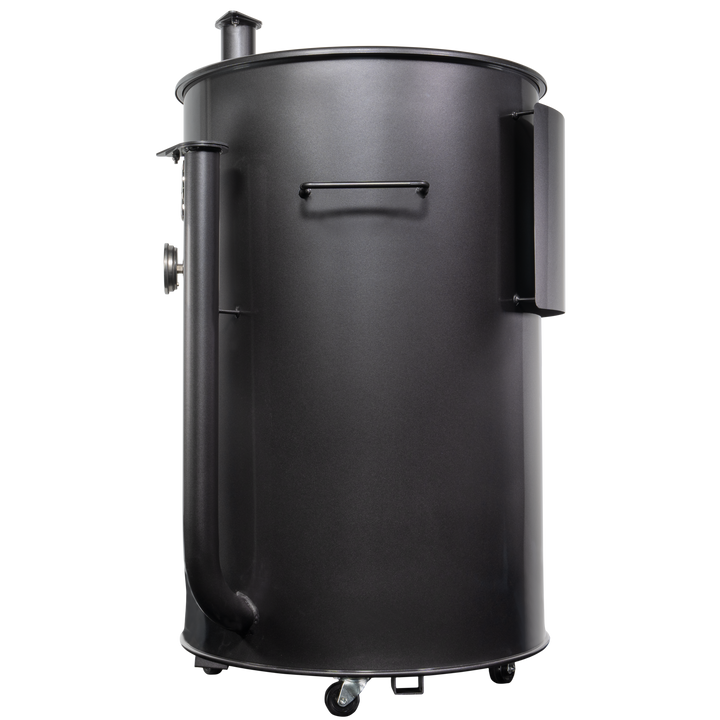 The left side of a gloss charcoal 55 gallon Gateway Drum Smoker